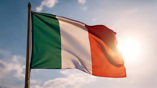 italy flag italian waving in the wind in blue sky