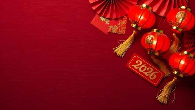 Chinese New Year 2026 Flat Lay - Red Envelopes, Lanterns and Fans Decoration