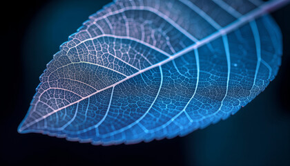 Macro shot of a translucent leaf skeleton with intricate vein patterns glowing in vibrant blue and purple hues against a dark background, highlighting nature's delicate beauty and biological complexit