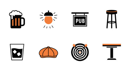 Simple pub icons collection featuring beer, pub sign, darts, and more