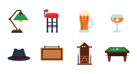 Essential bar and lounge icons: modern flat design for interior and leisure themes