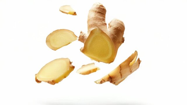 Video Freshly cut ginger slice on a clean white background, ideal for food  and recipe s