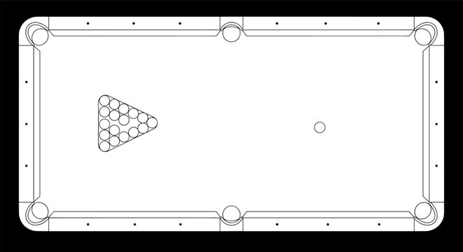 Linear outline of billiard table with triangular rack and balls setup
