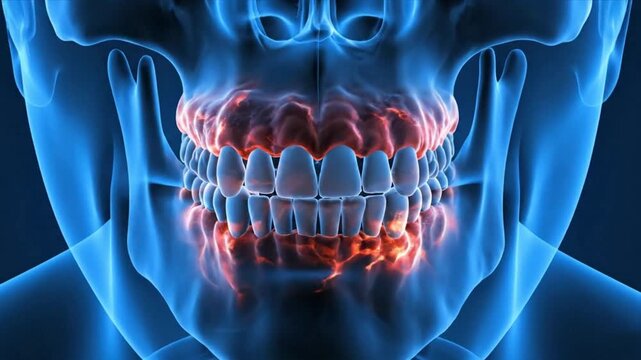 Anatomical x ray view of human skull and upper body in blue with highlighted teeth area shown
