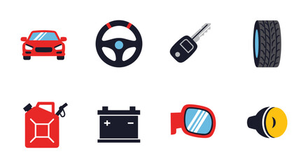 Automobile icon set featuring car, steering wheel, and key in modern flat style