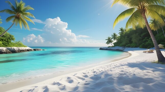Tropical paradise beach landscape features vibrant blue ocean and white sand under a bright sunny sky with clouds - Powered by Adobe