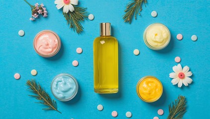 Flat lay of natural beauty products and botanical elements on a blue background