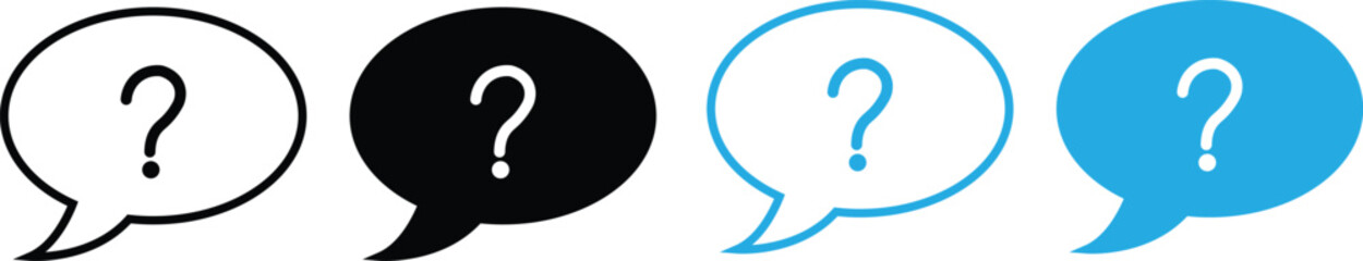 Four Question Mark Speech Bubble Icons in Black and Blue