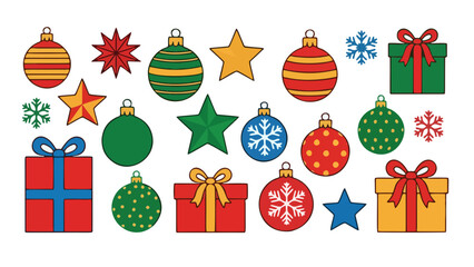 Vibrant Holiday Ornament Collection - Flat Vector Christmas Decoration Icons and Gift Elements