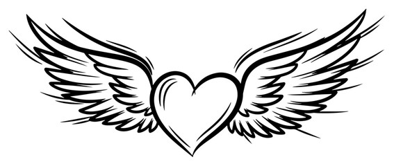 Obraz premium Hand drawn sketch of heart with large spread eagle wings vector illustration of flying love symbol suitable for tattoo design