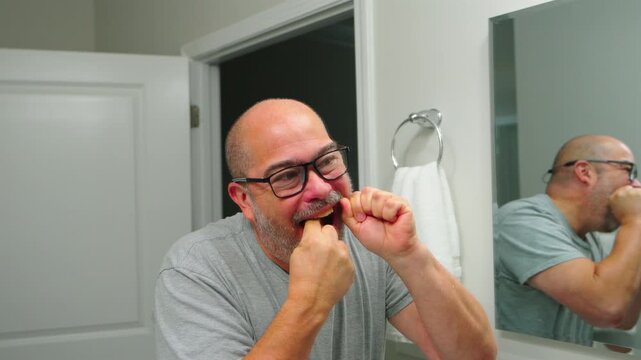 middle-aged man flossing teeth in the bathroom mirror