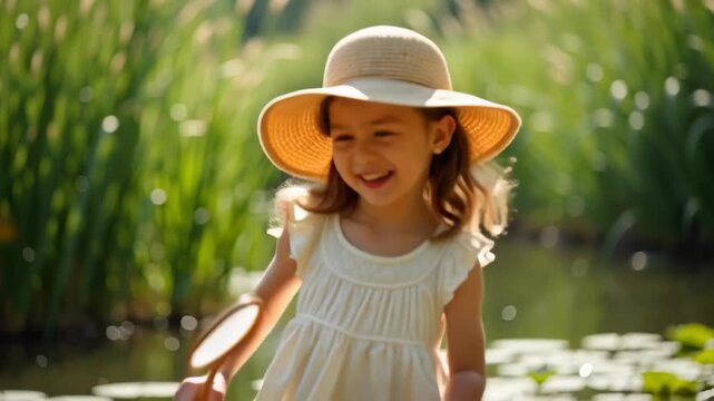 Little girl joyfully explores a pond with a butterfly net on a sunny afternoon in a beautiful garden