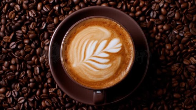 A latte cup with rosette art sits on a saucer, surrounded by glossy coffee beans afloat with crema