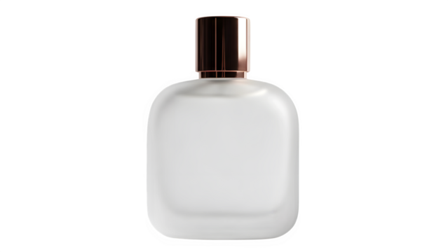 Frosted glass perfume bottle with rose gold cap isolated on transparent background