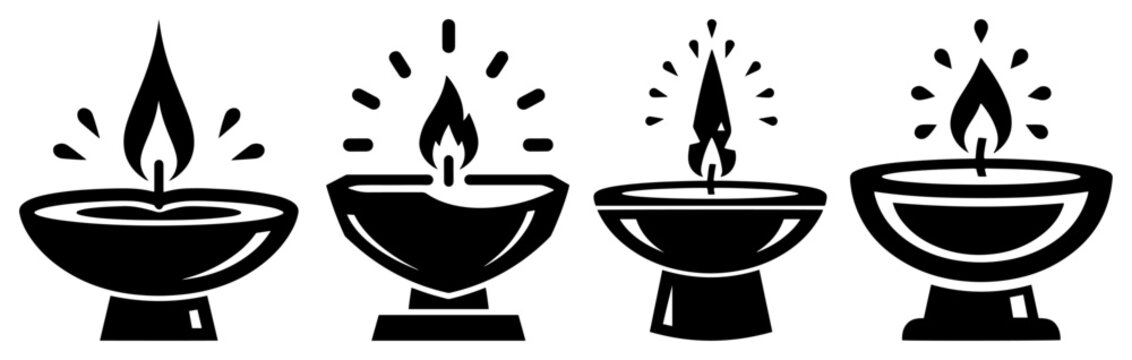 Set of traditional burning diya oil lamps for diwali festival celebration black and white vector silhouette icons