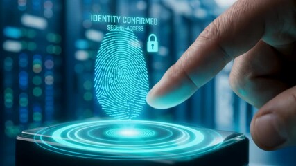 A person finger tapping a digital fingerprint for secure access with bright blue biometric interface glowing in a dark cyberspace background for identity protection and security system. - Powered by Adobe