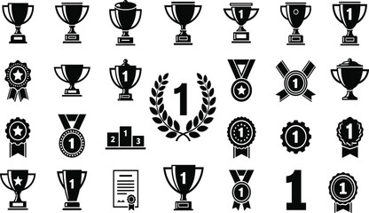 Collection of black trophy cup medal award and certificate icons ribbon