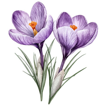 Crocus Flower, lively watercolor vector drawing with intricate brush, isolated on a white background.