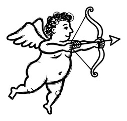 Fototapeta premium Funny cupid angel shooting arrow with bow vector hand drawn sketch illustration of cute cherub character for valentines day love symbol