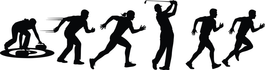 Golf Swing and Running Athlete Silhouette Pack, sport icons, golfer pose vector, sprint motion shapes, fitness graphics, athletic action clipart set, minimalist human movement design