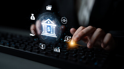 Concept of digital banking and global financial services. A network of secure online transactions, currency exchange, and money management for the international economy. Fermion