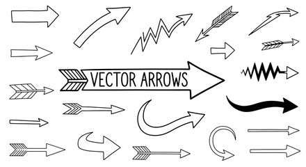 Hand drawn vector arrows collection on a clean background, various doodle style pointers and directions.