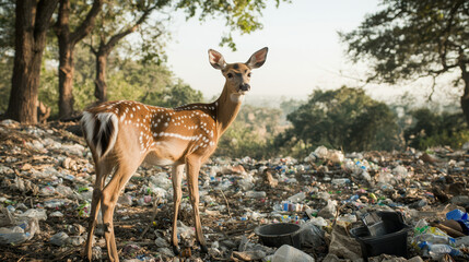 Obraz premium Young deer stands amidst a landscape of scattered litter and plastic waste.
