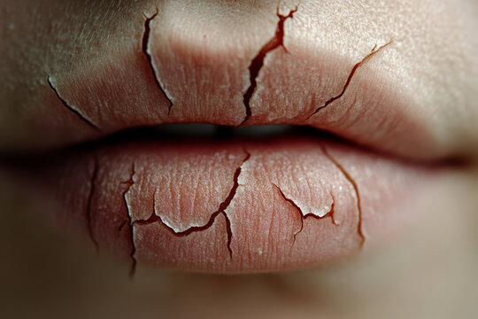 Extreme close-up of dry chapped lips with deep cracks and peeling skin.
