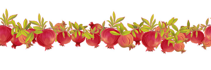 Pomegranate garland. Seamless digital pattern of a garland of pomegranate tree branches with leaves and fruits on a white background.