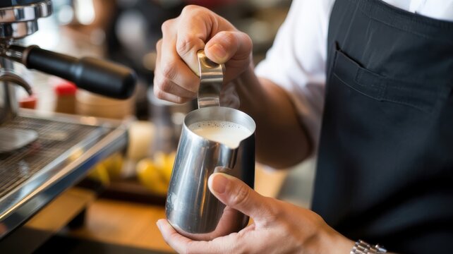 Barista steaming milk in a metal pitcher next to espresso machine coffee