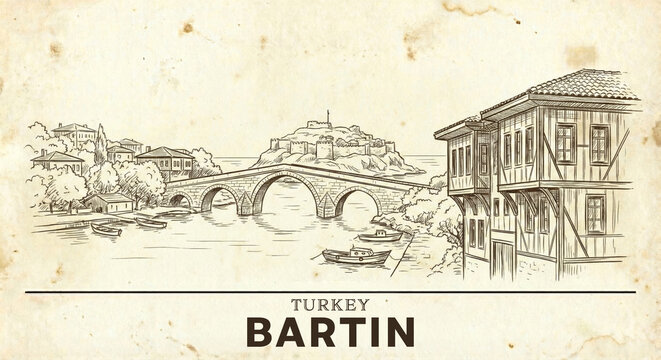 Bartin City Skyline Vintage Line Art Sketch - Amasra Kemere Bridge