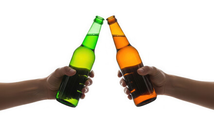 Two hands holding glowing beer bottles clinking together isolated on transparent background