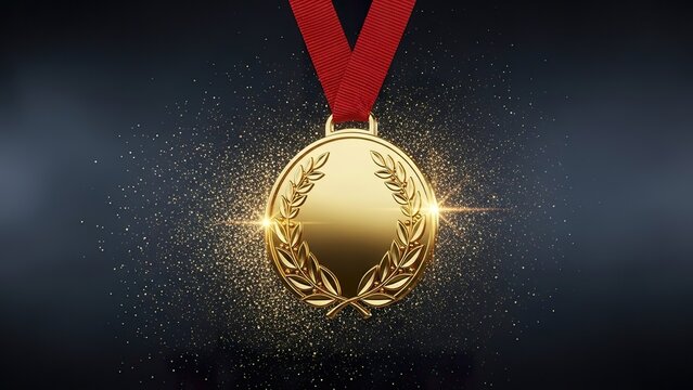 A dazzling golden medal with a red ribbon, symbolizing achievement, success, and outstanding performance on a dark background.