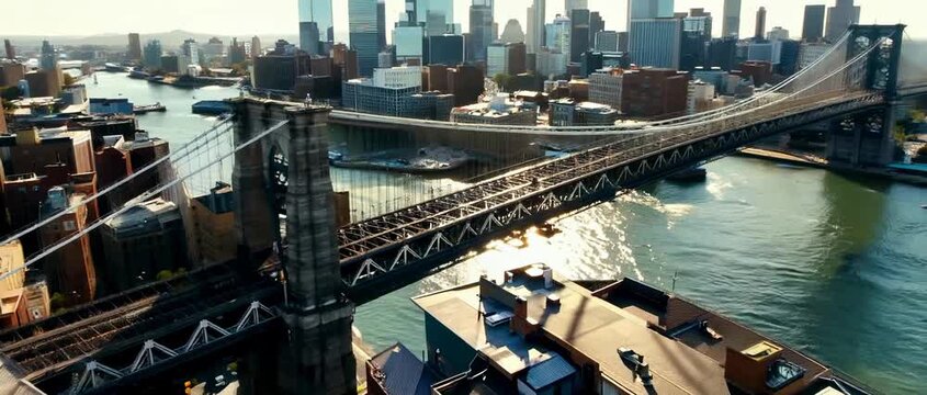 Stunning Aerial Drone Footage of New York City and Iconic Bridge at Golden Hour.