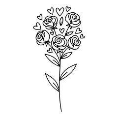 Hand drawn vector bouquet of roses with hearts Black and white line art illustration for Valentine's Day wedding or coloring book