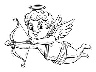 Fototapeta premium Retro cartoon cupid aiming with bow and arrow vintage line art illustration of cherub angel with wings and halo