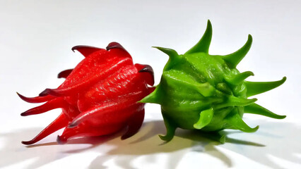 Rote und gr&uuml;ne Hibiskusfr&uuml;chte isoliert auf transparentem Hintergrund.