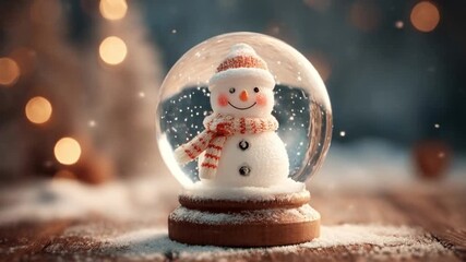 Snow globe with a smiling snowman inside, frosty scene, warm bokeh lights glow behind softly cozy-- - Powered by Adobe