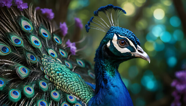 Close Up Portrait of Peacock Head with its beautiful tail in the background