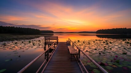 Dock leading to a lake at sunset with lily pads