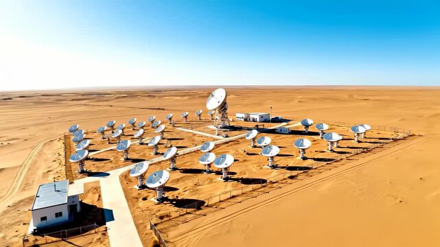 High angle aerial view of a satellite dish array in a vast arid desert under a bright, clear blue sky