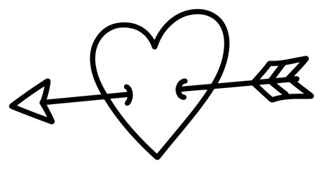 Simple hand drawn heart pierced by arrow vector line art illustration icon for valentine day design
