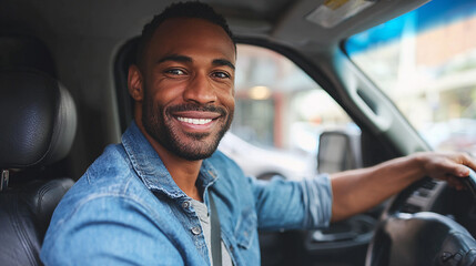 Obraz premium Smiling man driving a van in city during daytime