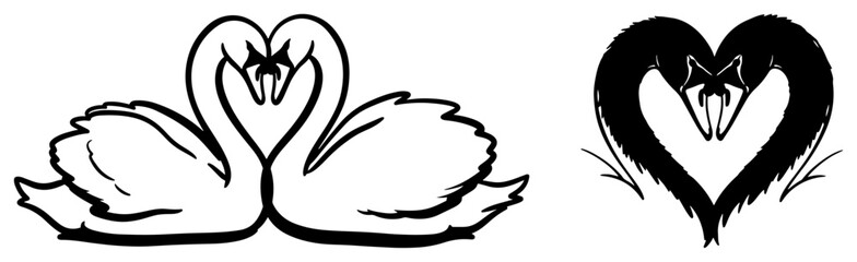 Obraz premium Stylized swan couple forming a heart shape with their necks black and white vector logo icon set for wedding or romantic branding