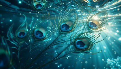  A Peacock Feather under water Close Up with some sunlight coming through the water