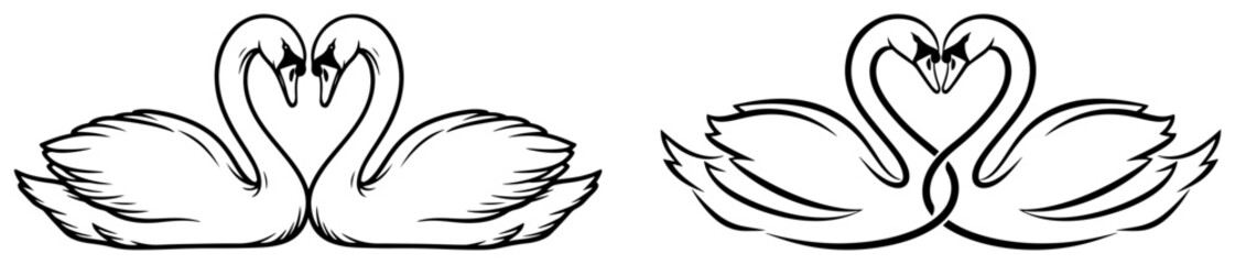 Elegant pair of swans facing each other creating a heart shape hand drawn vector sketch and line art illustration for romantic wedding design © Katarzyna