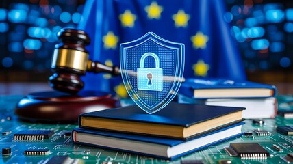 Cybersecurity shield with legal books and gavel in front of eu flag
