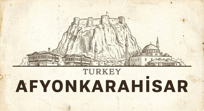 Afyonkarahisar City Skyline Vintage Line Art Sketch - Castle on Rock Illustration