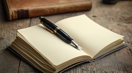 Elegant Fountain Pen Resting on an Open Notebook Ready for Writing Thoughts