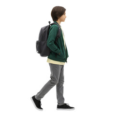 A young student confidently strides forward, carrying a backpack, embracing the adventure ahead on